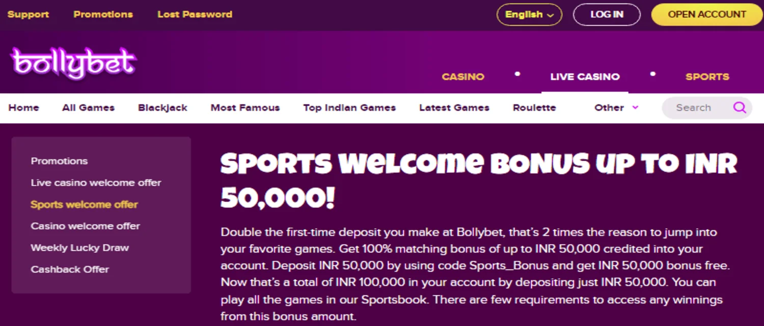 Bollybet Casino welcome bonus